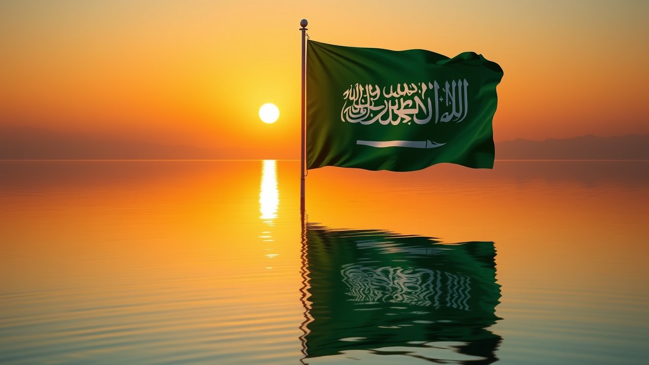 Flag of Saudi Arabia 🇸🇦 in golden hour reflection style
