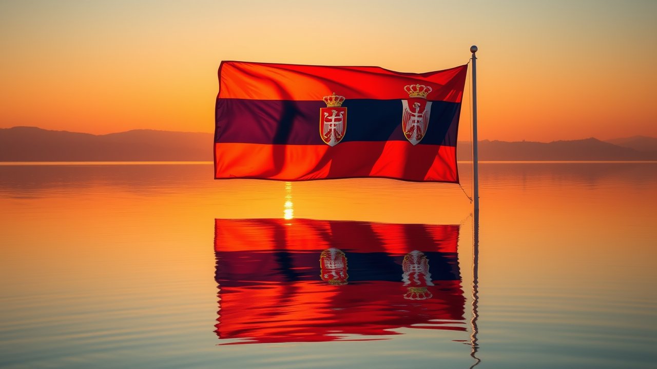 Flag of Serbia 🇸🇳 in golden hour reflection style