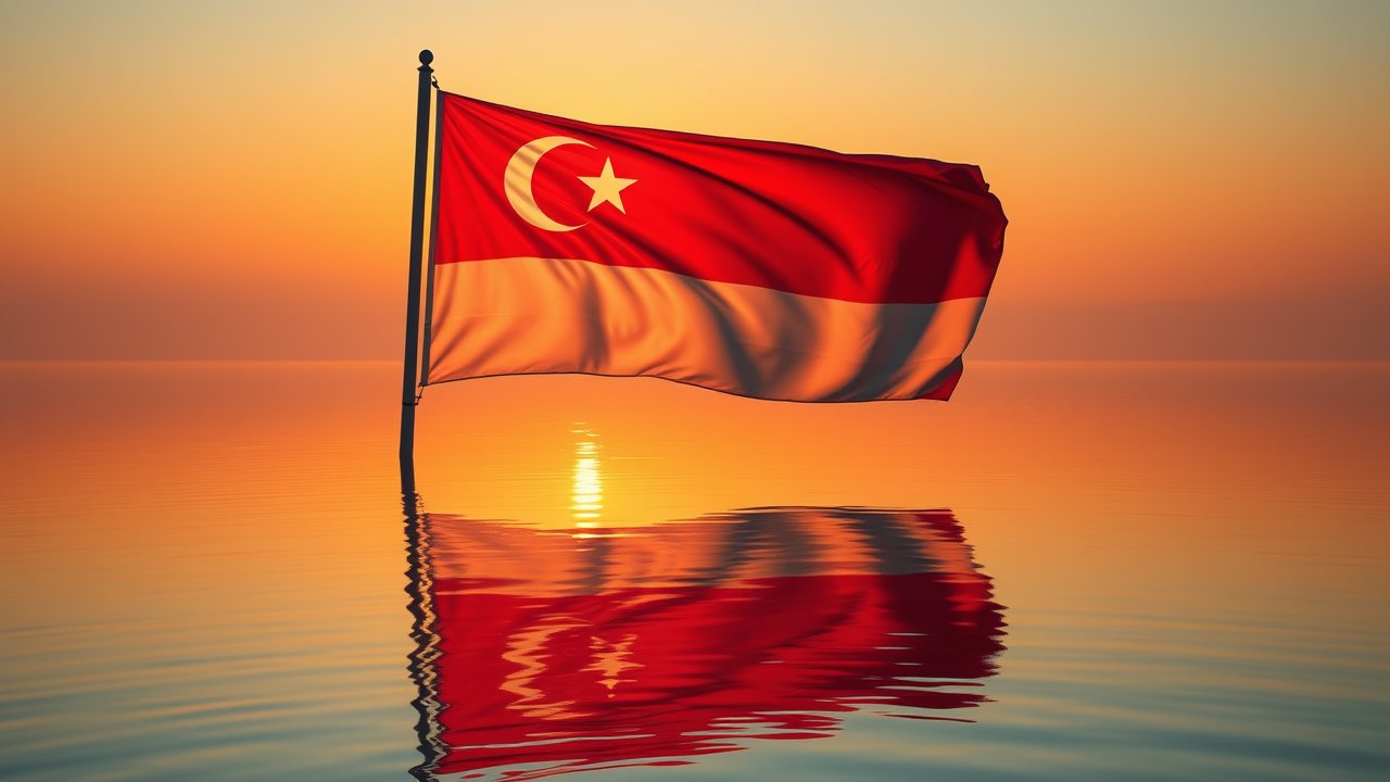 Flag of Singapore 🇸🇬 in golden hour reflection style