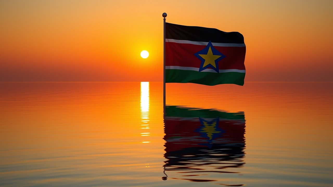 Flag of South Sudan 🇸🇸 in golden hour reflection style