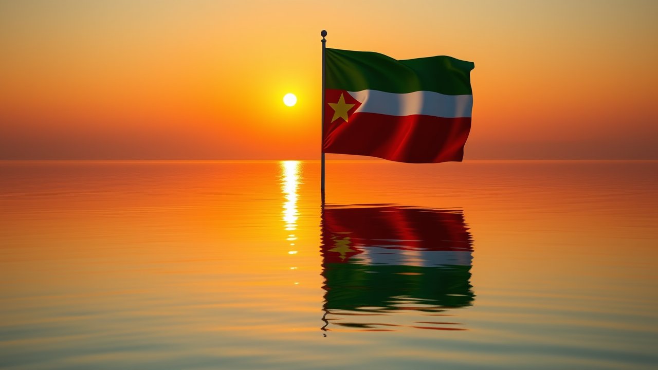 Flag of Suriname 🇸🇷 in golden hour reflection style