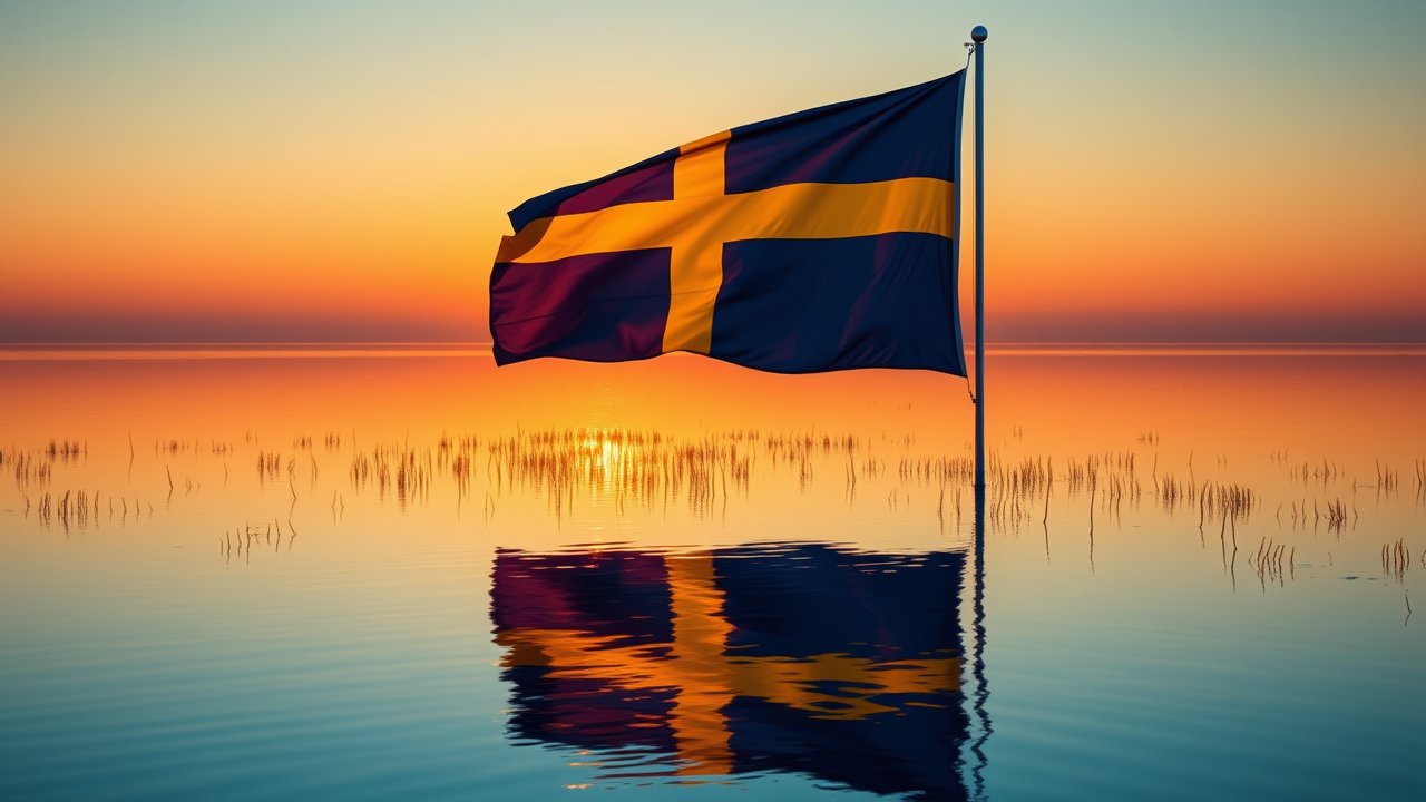 Flag of Sweden 🇸🇪 in golden hour reflection style