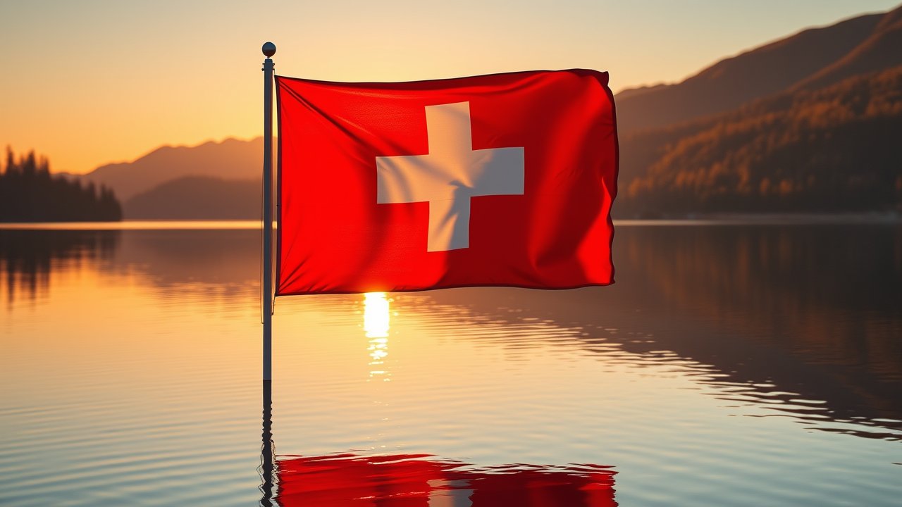 Flag of Switzerland 🇨🇭 in golden hour reflection style