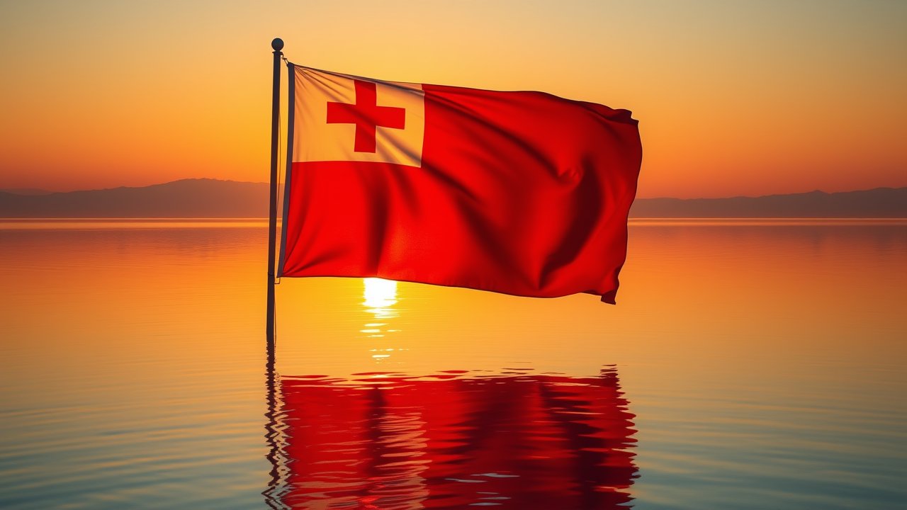 Flag of Tonga 🇹🇴 in golden hour reflection style