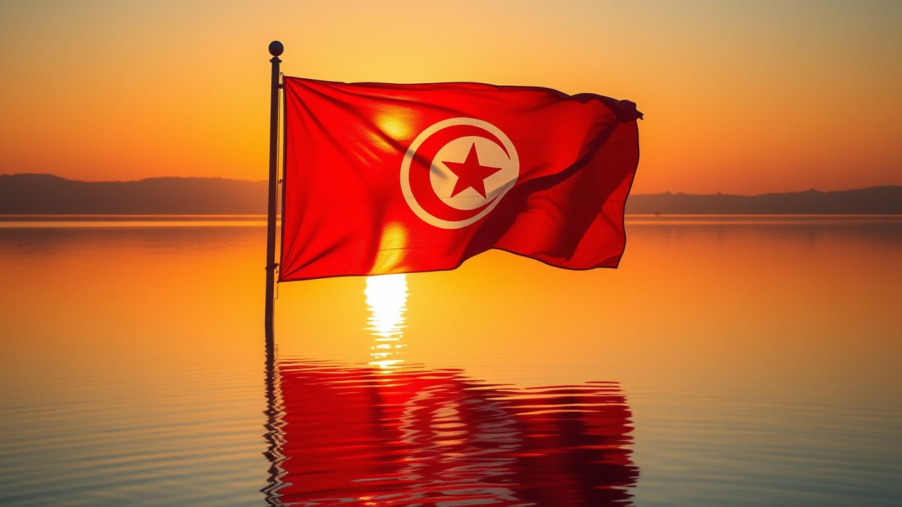 Flag of Tunisia 🇹🇳 in golden hour reflection style