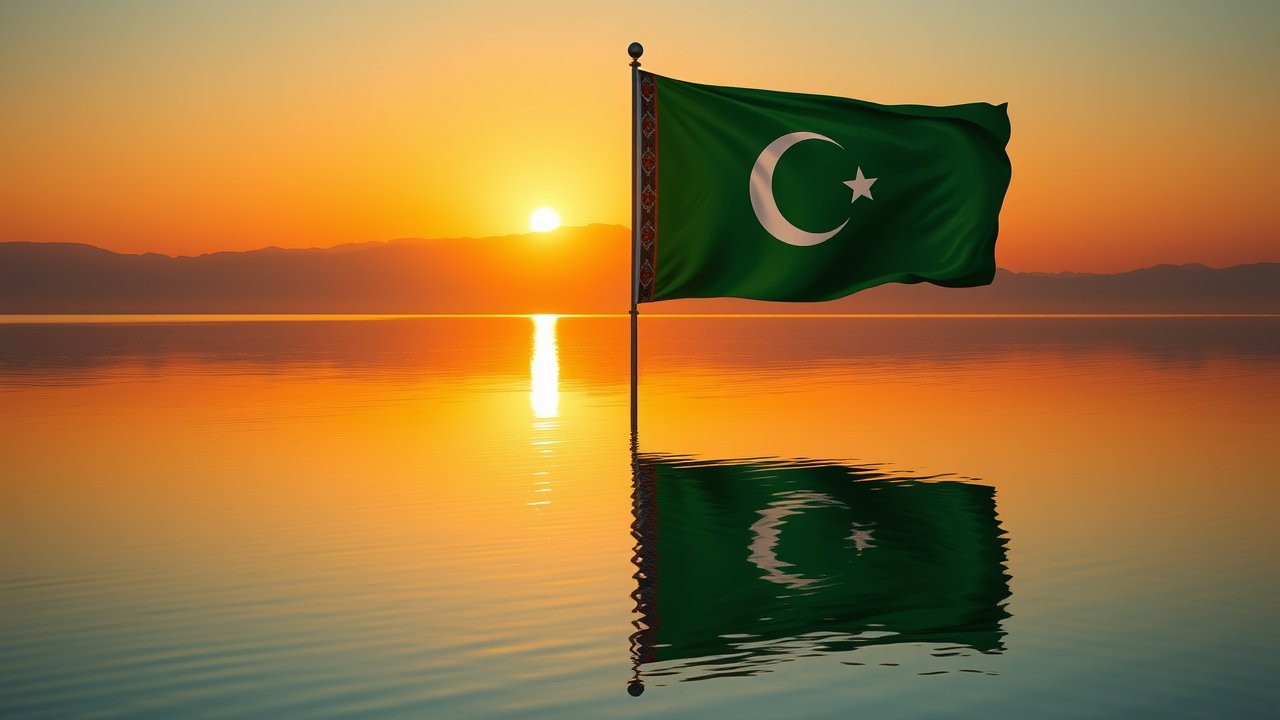 Flag of Turkmenistan 🇹🇲 in golden hour reflection style