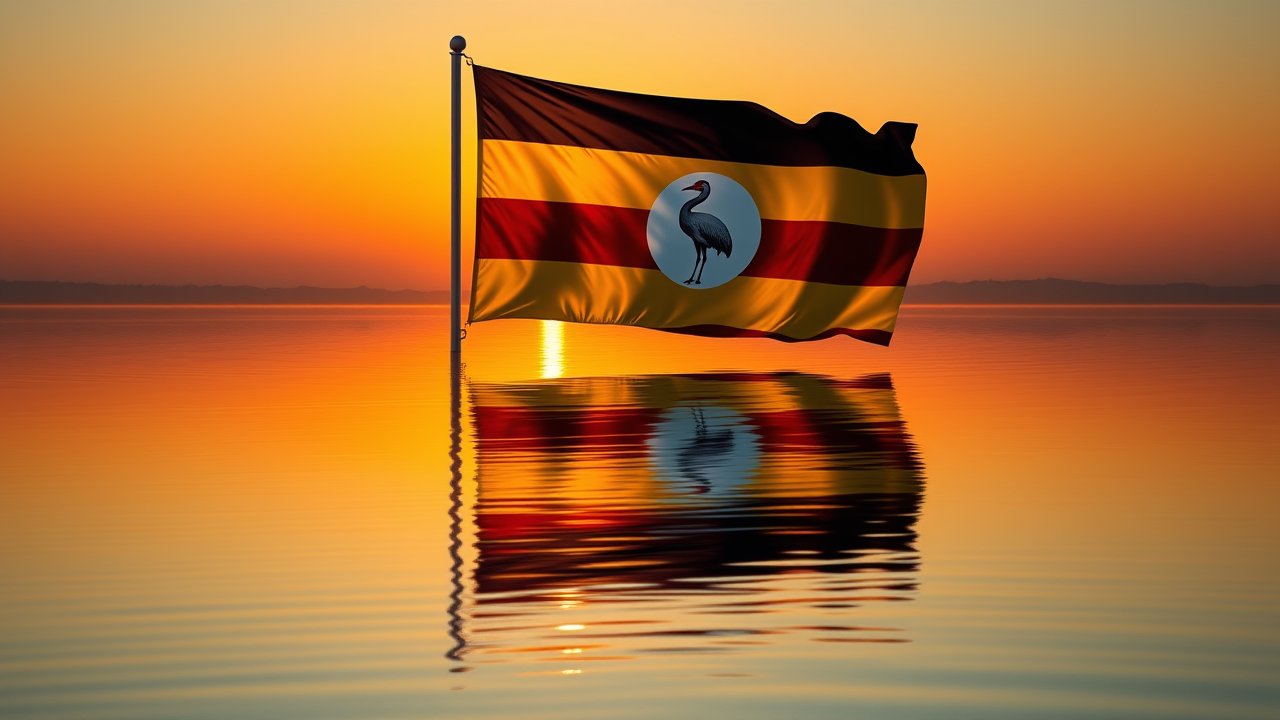 Flag of Uganda 🇺🇬 in golden hour reflection style