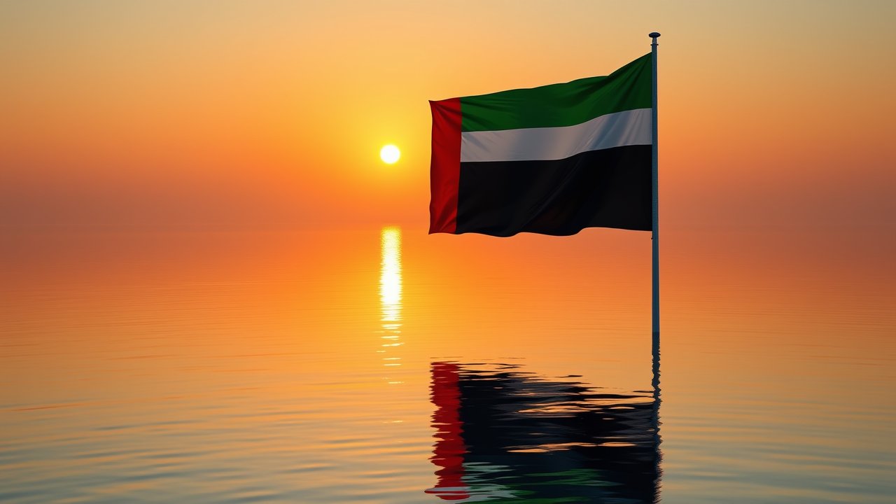 Flag of United Arab Emirates 🇦🇪 in golden hour reflection style