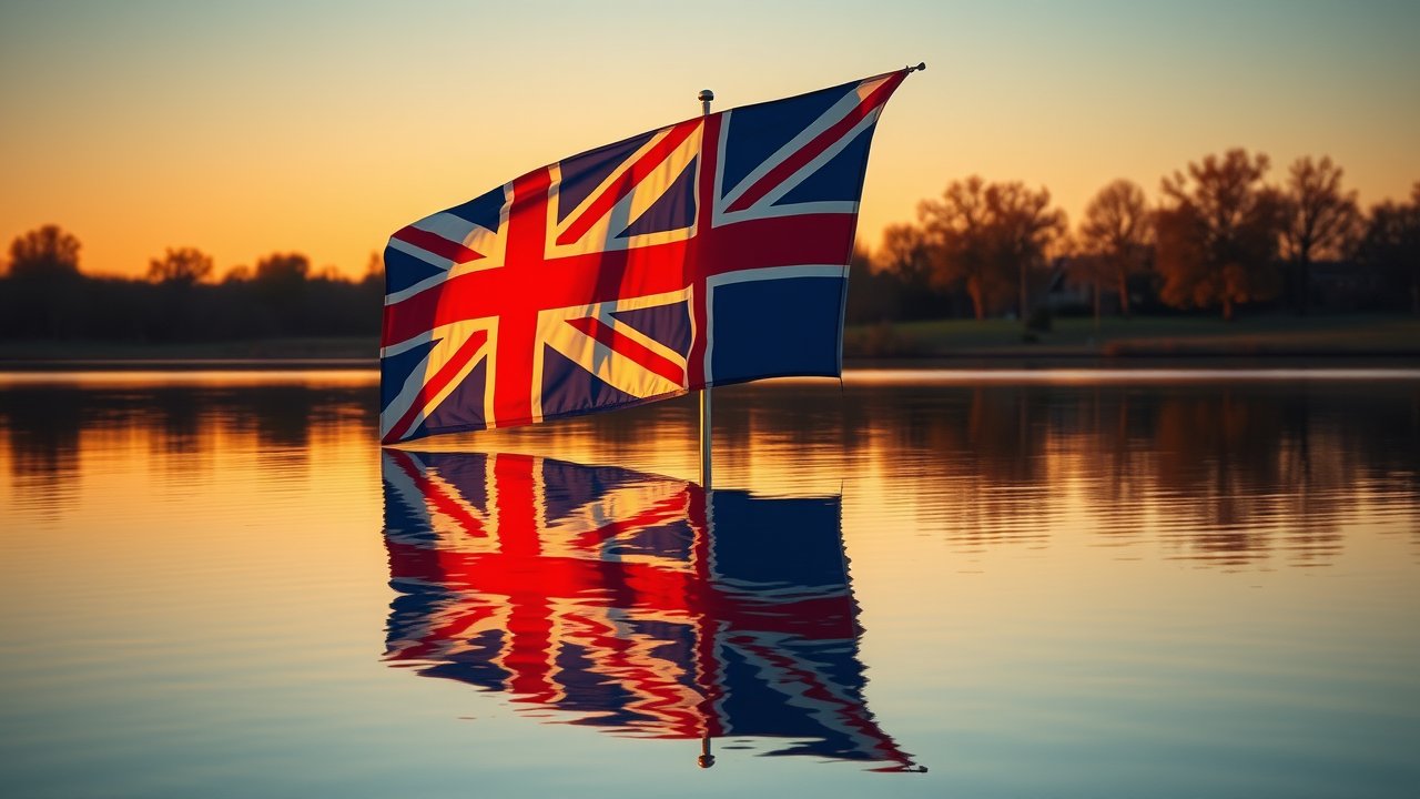 Flag of United Kingdom 🇬🇧 in golden hour reflection style