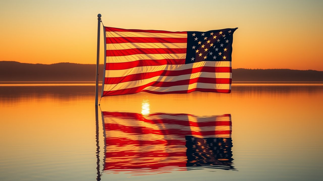 Flag of United States 🇺🇸 in golden hour reflection style