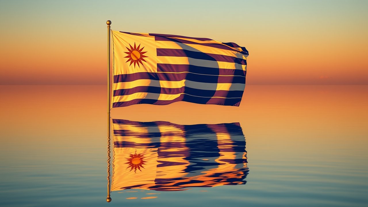 Flag of Uruguay 🇺🇾 in golden hour reflection style