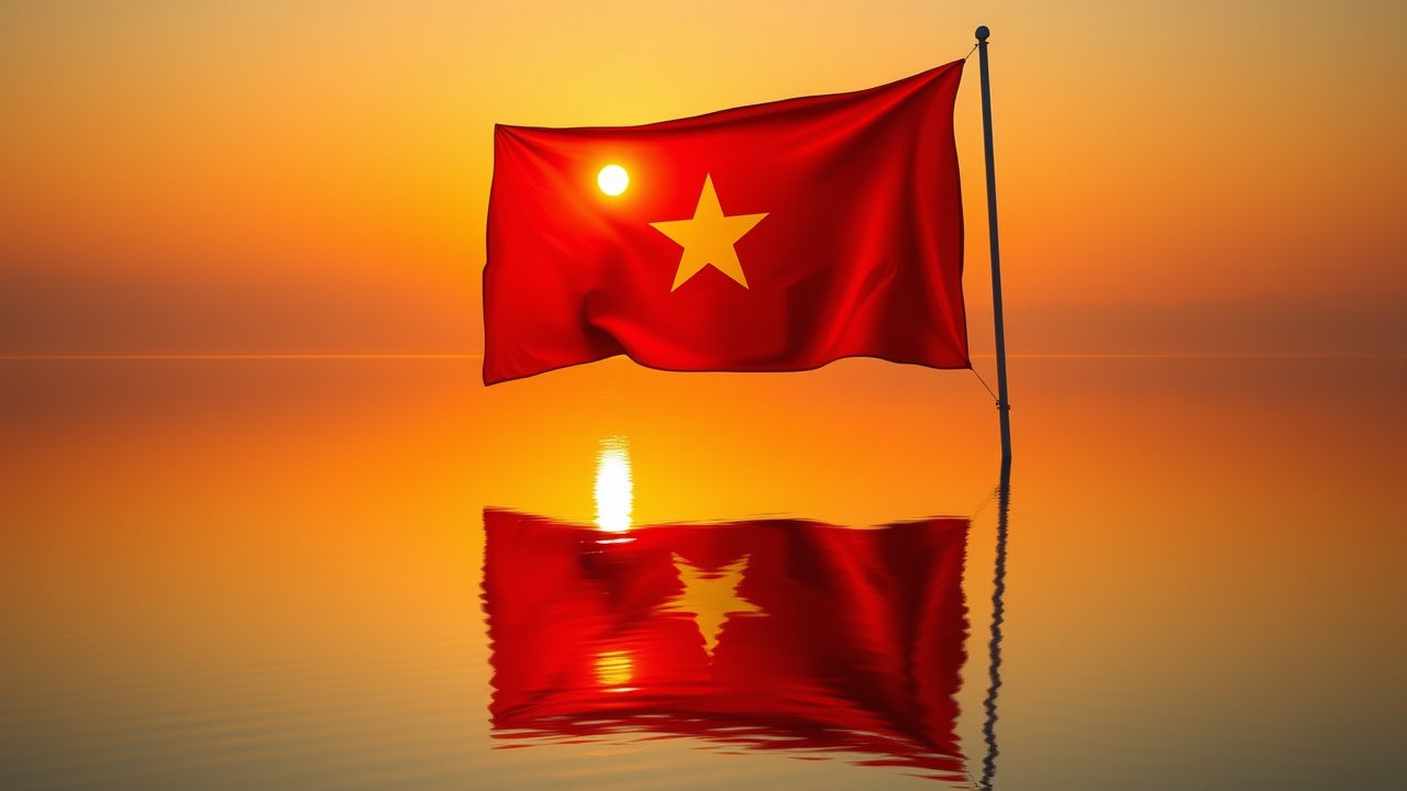 Flag of Vietnam 🇻🇳 in golden hour reflection style