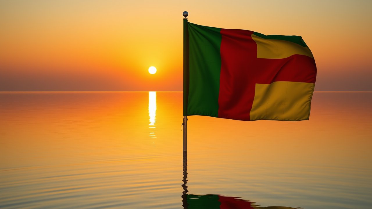 Flag of Benin 🇧🇯 in golden hour reflection style
