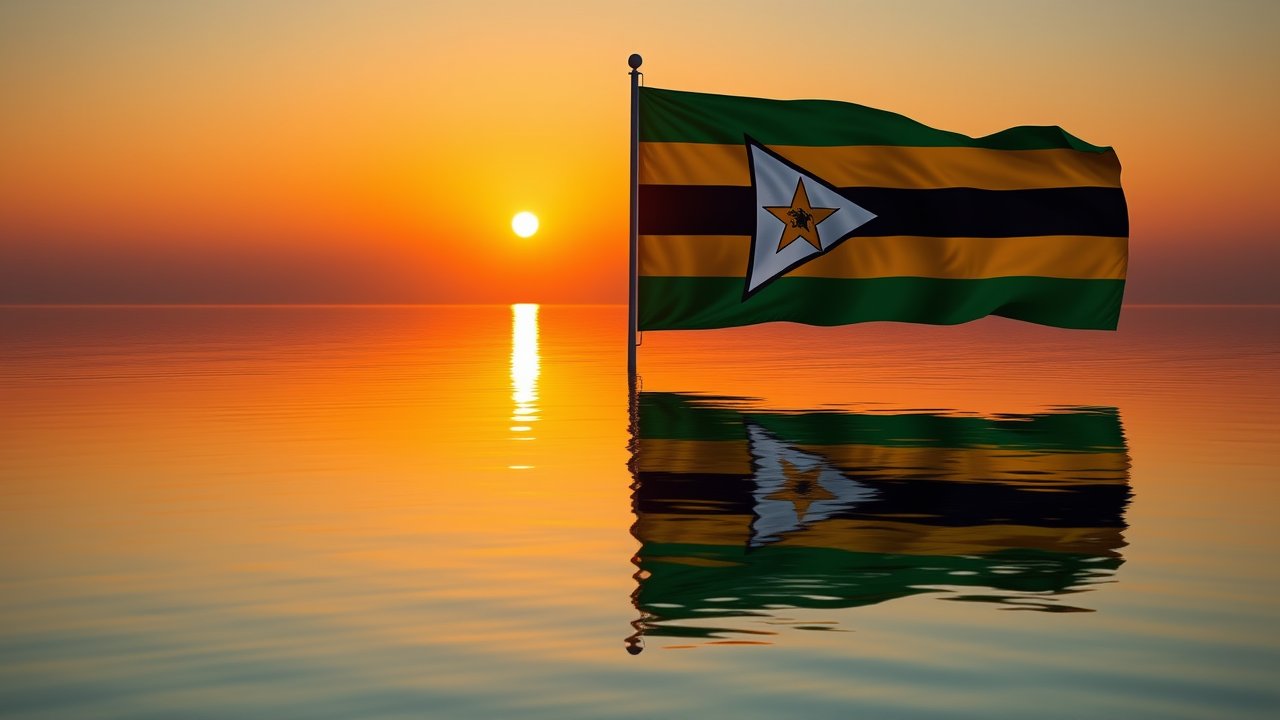 Flag of Zimbabwe 🇿🇼 in golden hour reflection style
