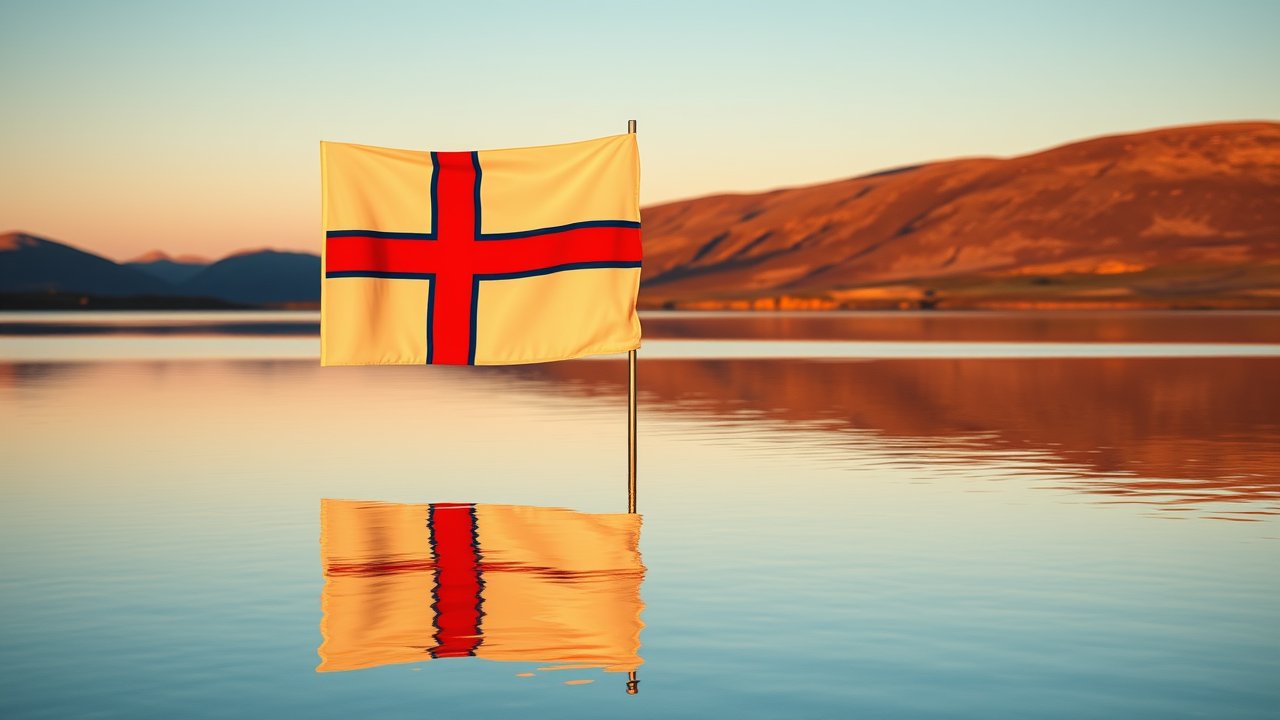 Flag of Faroe Islands 🇫🇴 in golden hour reflection style