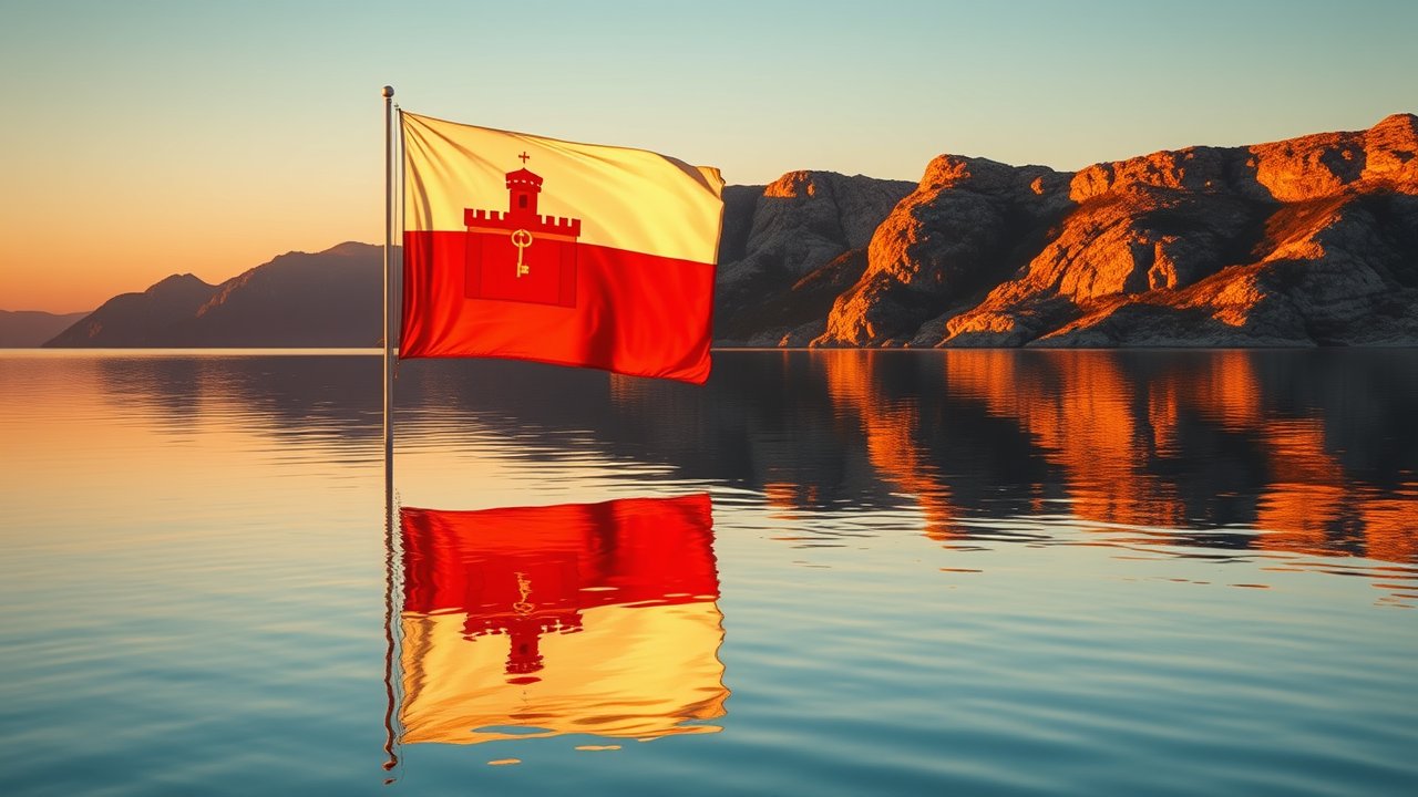Flag of Gibraltar 🇬🇮 in golden hour reflection style