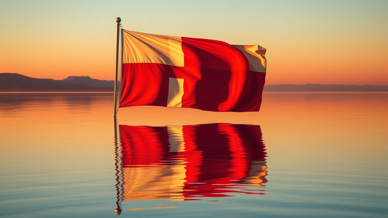 Flag of Greenland 🇬🇱 in golden hour reflection style