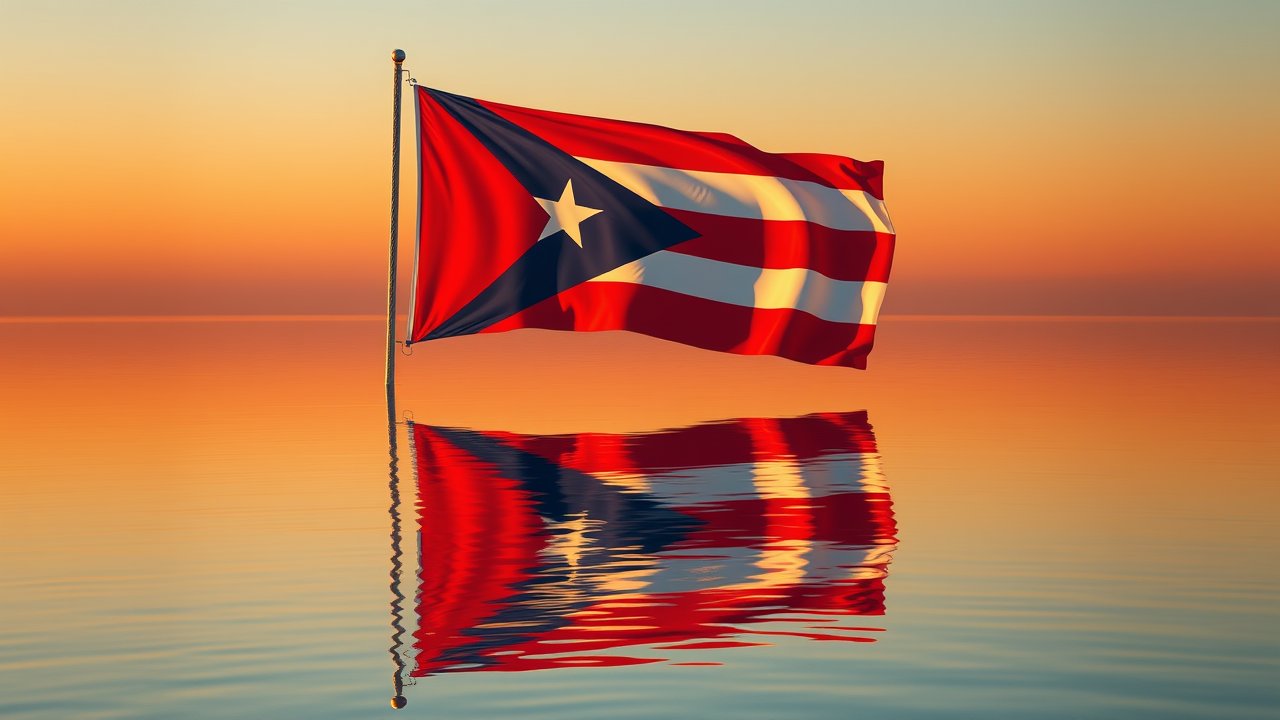 Flag of Puerto Rico 🇵🇷 in golden hour reflection style