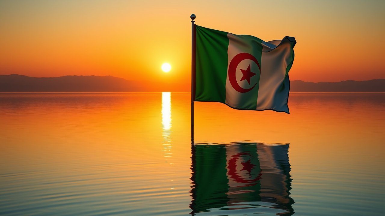 Flag of Algeria 🇩🇿 in golden hour reflection style