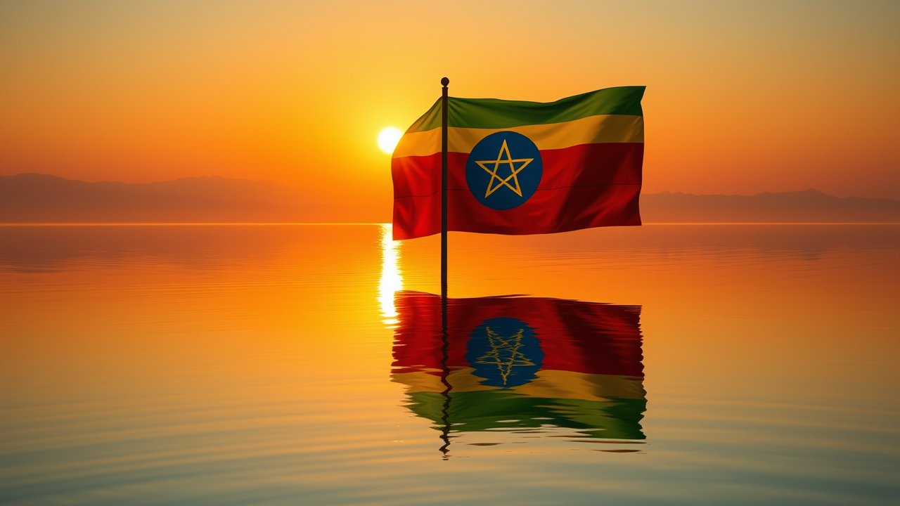 Flag of Ethiopia 🇪🇹 in golden hour reflection style
