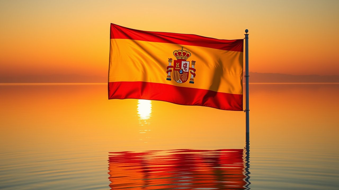 Flag of Spain 🇪🇸 in golden hour reflection style