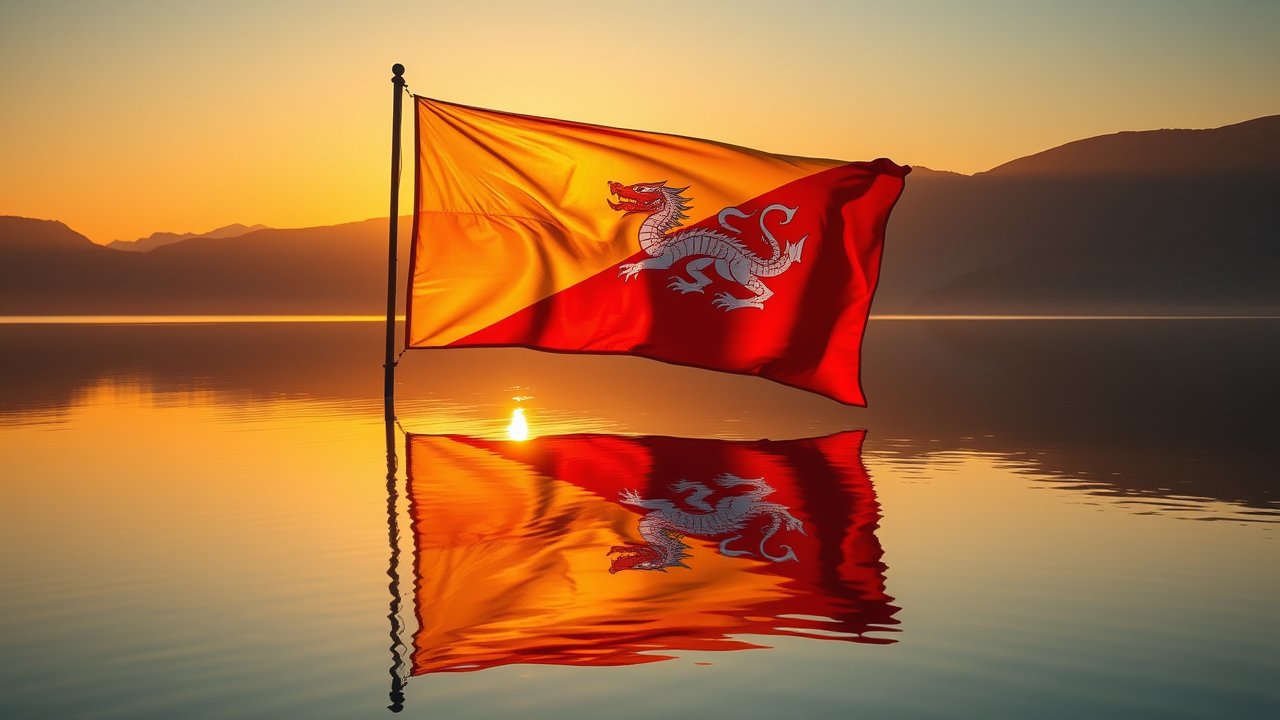 Flag of Bhutan 🇧🇹 in golden hour reflection style