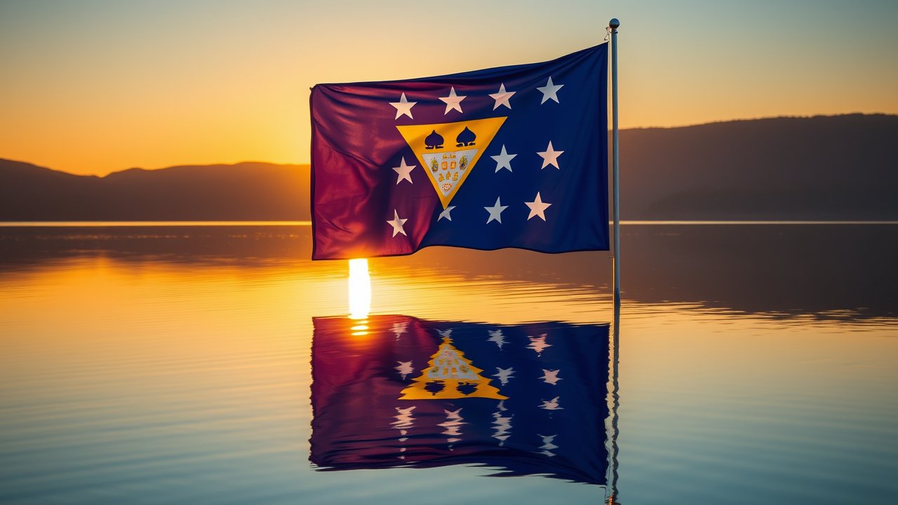 Flag of Bosnia and Herzegovina 🇧🇦 in golden hour reflection style
