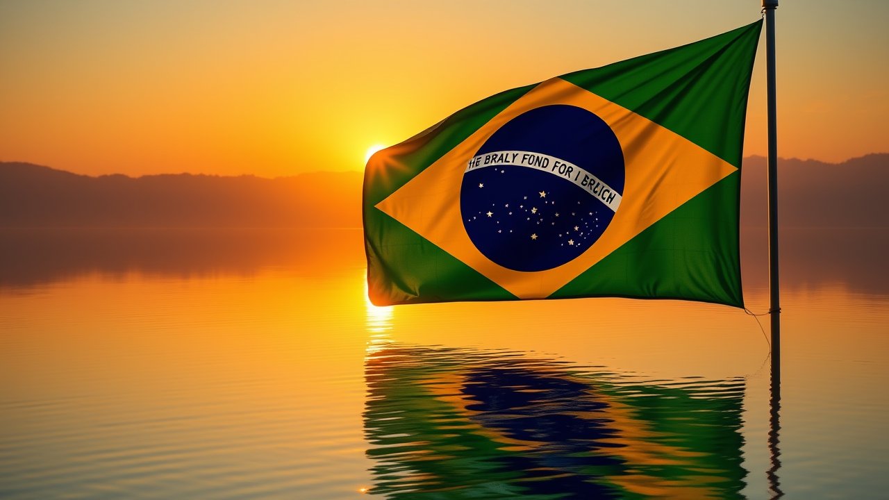 Flag of Brazil 🇧🇷 in golden hour reflection style