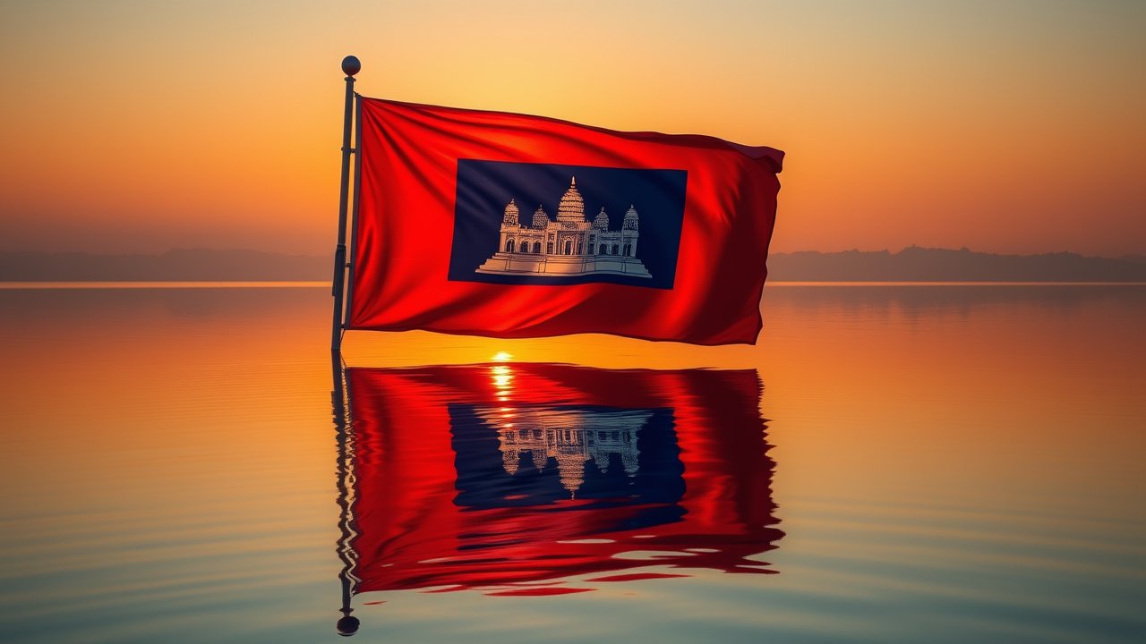 Flag of Cambodia 🇰🇠in golden hour reflection style