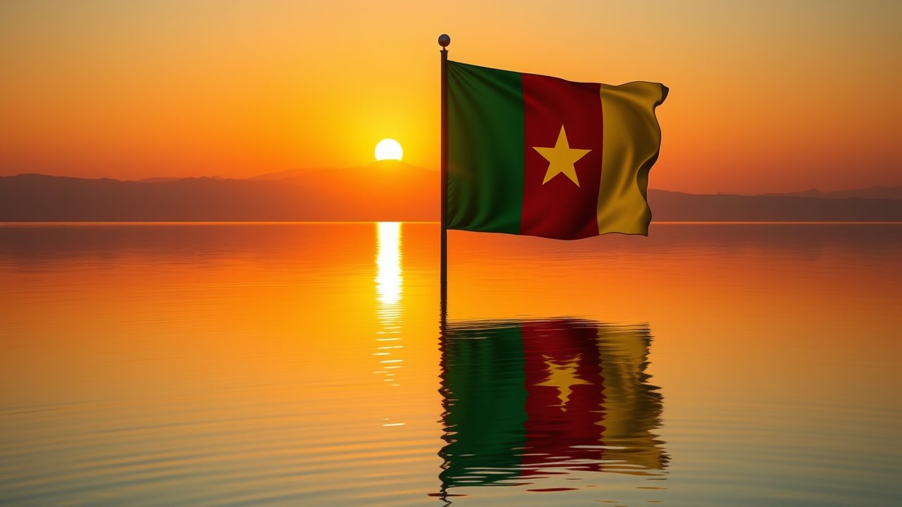 Flag of Cameroon 🇨🇲 in golden hour reflection style