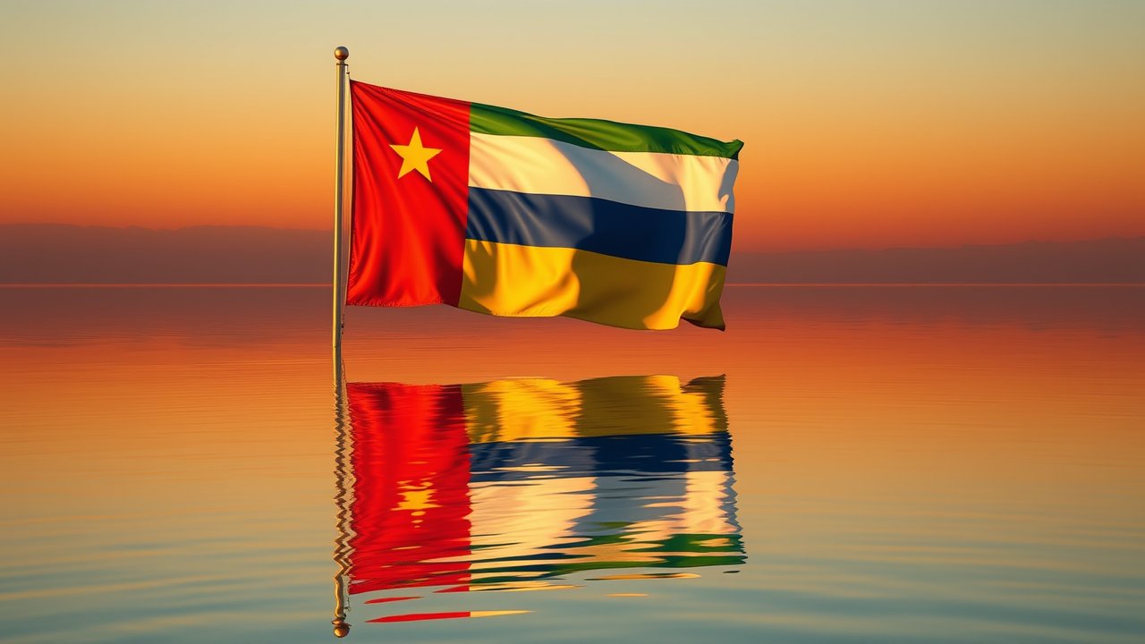 Flag of Central African Republic 🇨🇫 in golden hour reflection style