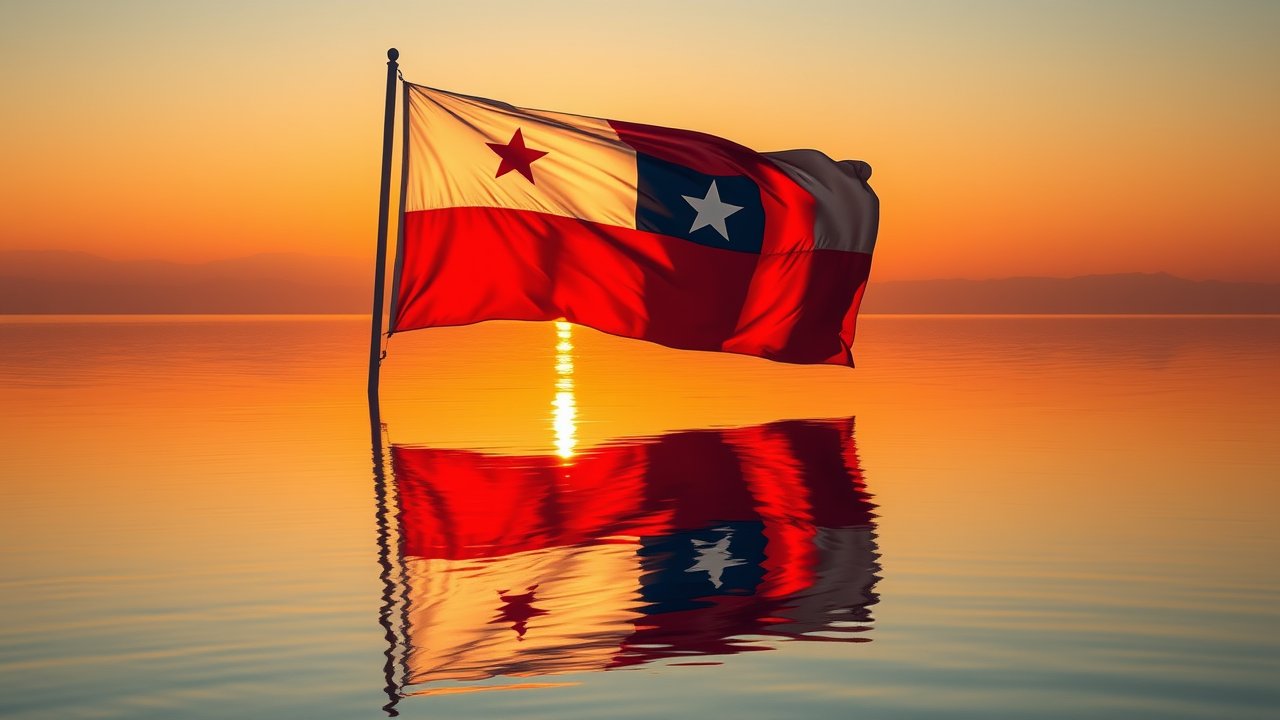 Flag of Chile 🇨🇱 in golden hour reflection style