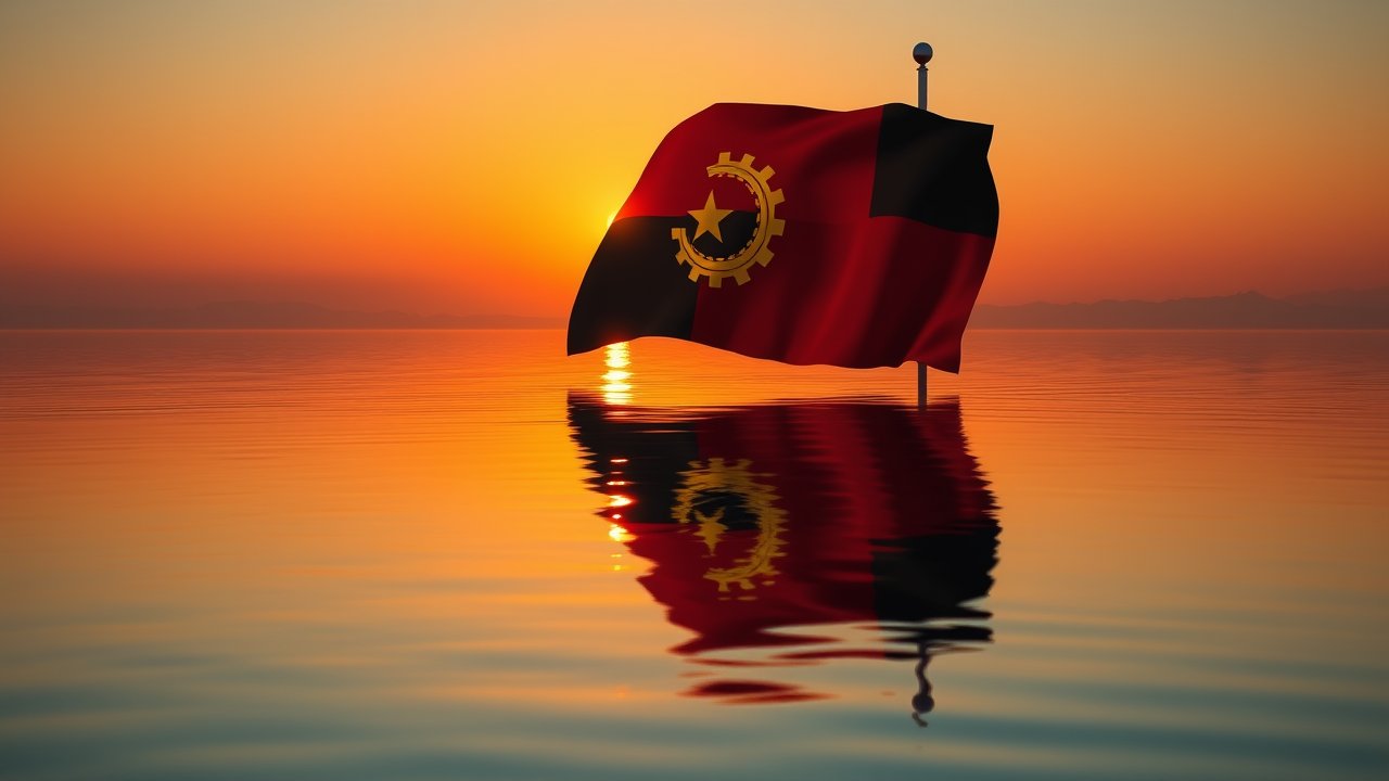 Flag of Angola 🇦🇴 in golden hour reflection style