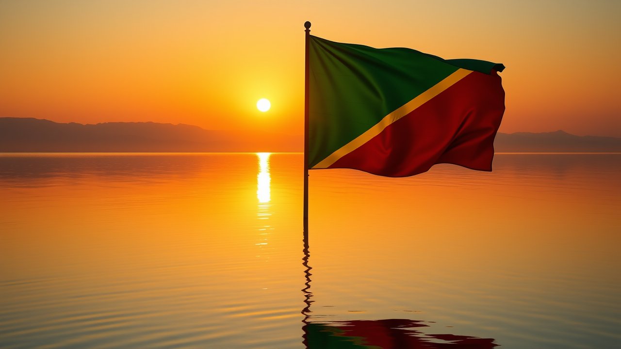 Flag of Congo 🇨🇬 in golden hour reflection style