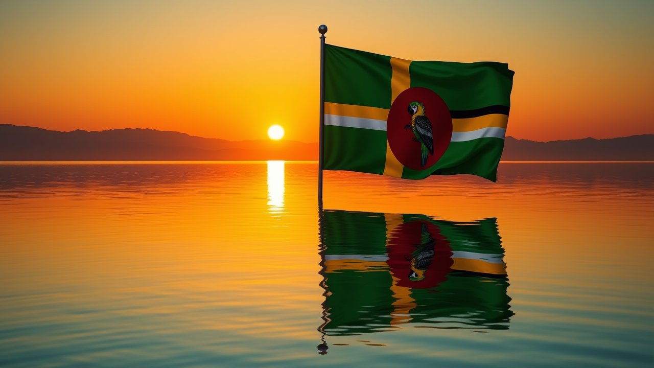 Flag of Dominica 🇩🇲 in golden hour reflection style