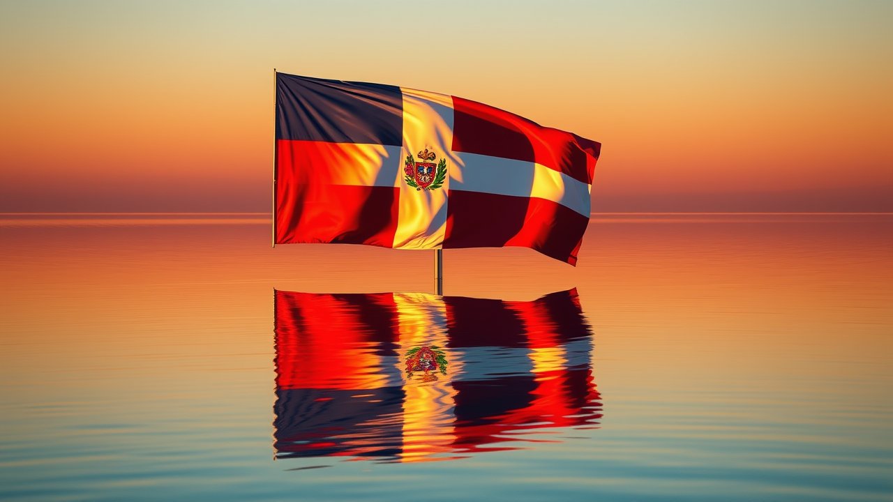 Flag of Dominican Republic 🇩🇴 in golden hour reflection style