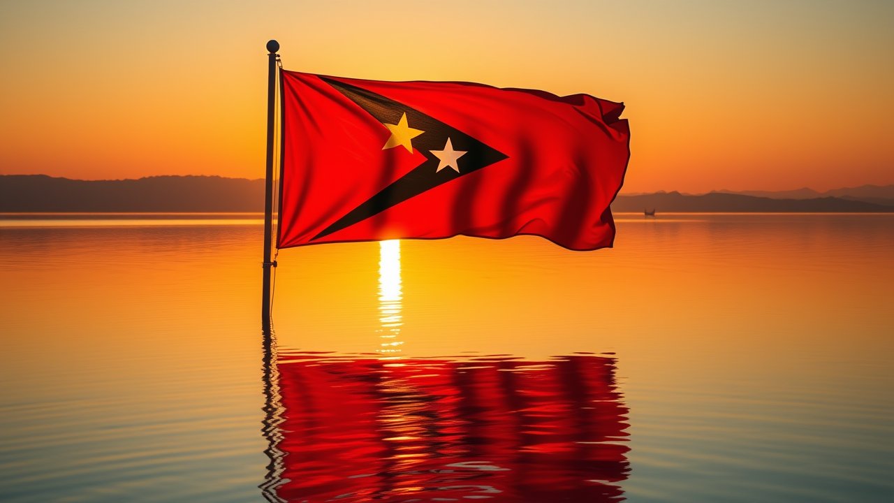 Flag of Timor Leste 🇹🇱 in golden hour reflection style