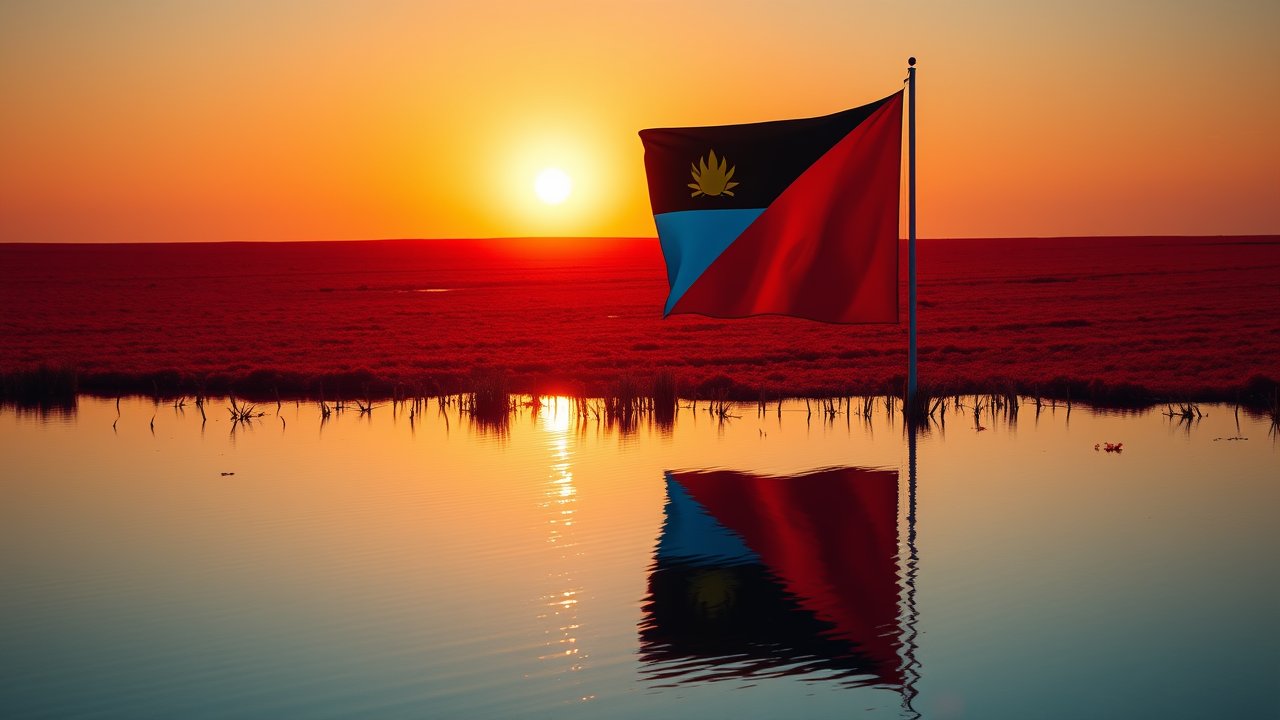 Flag of Antigua and Barbuda 🇦🇬 in golden hour reflection style