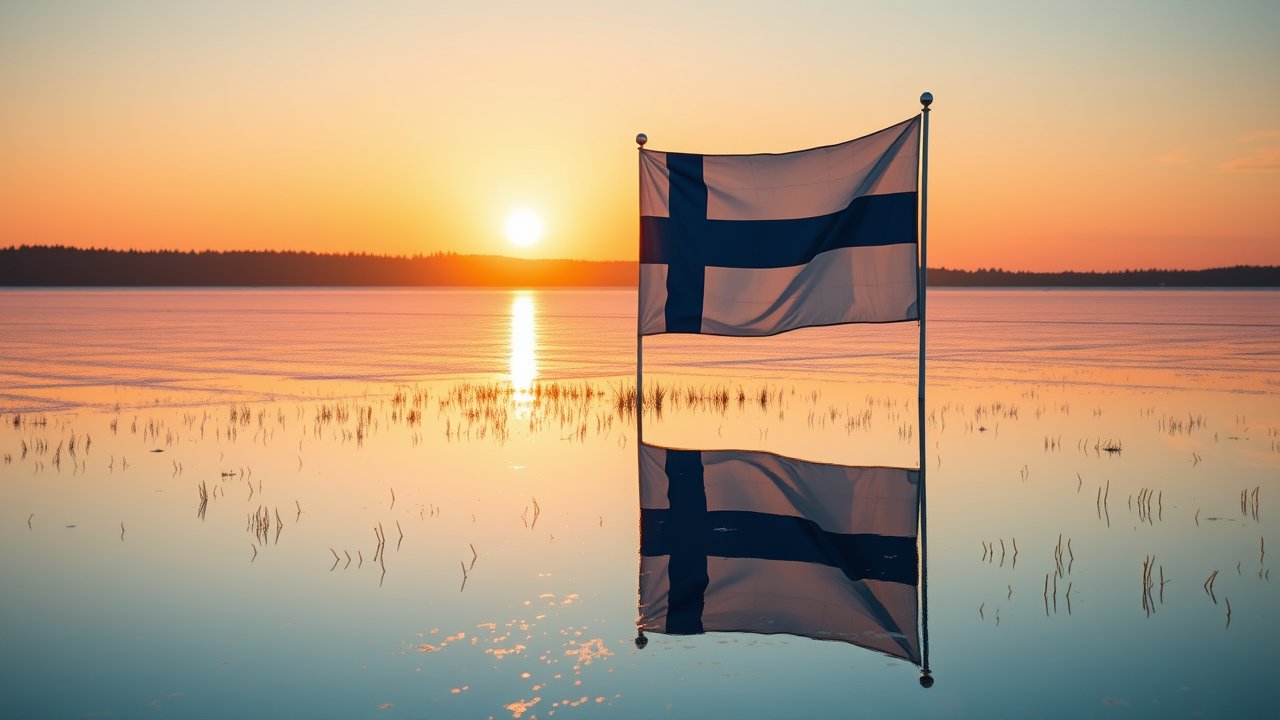 Flag of Finland 🇫🇮 in golden hour reflection style