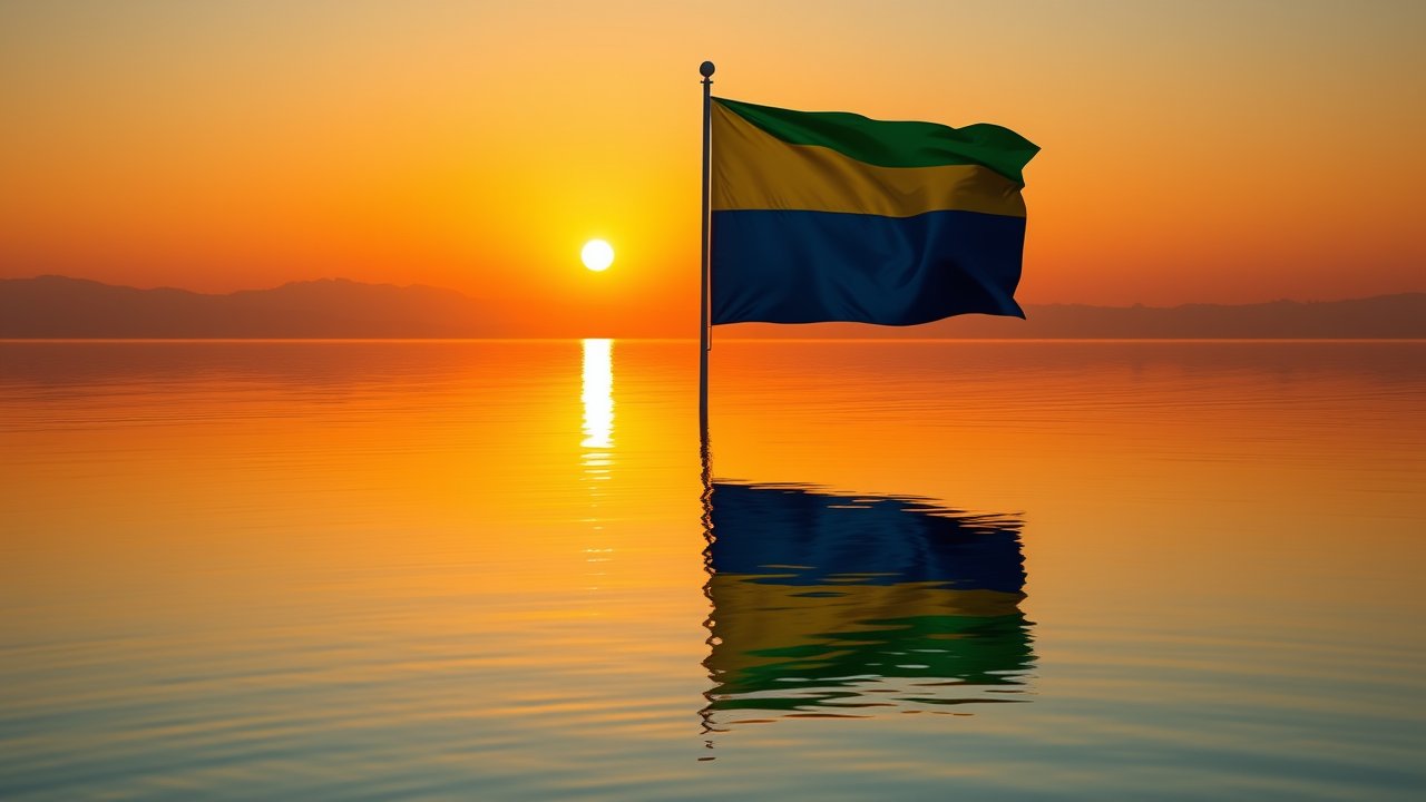 Flag of Gabon 🇬🇦 in golden hour reflection style