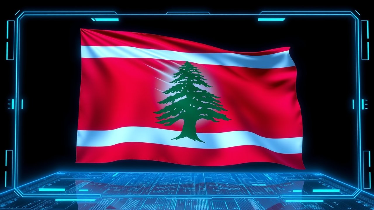 Flag of Lebanon 🇱🇧 in sci-fi hologram style