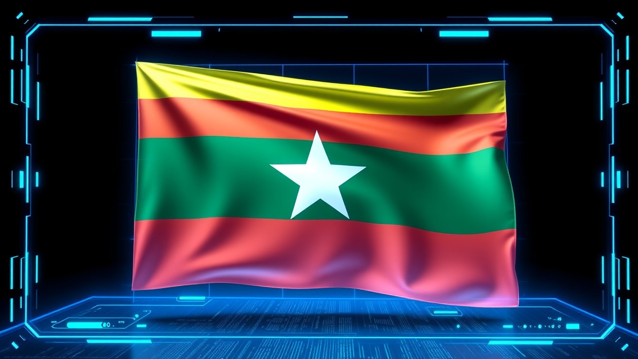 Flag of Myanmar (Burma) 🇲🇲 in sci-fi hologram style