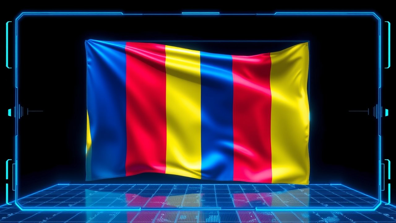 Flag of Romania 🇷🇴 in sci-fi hologram style