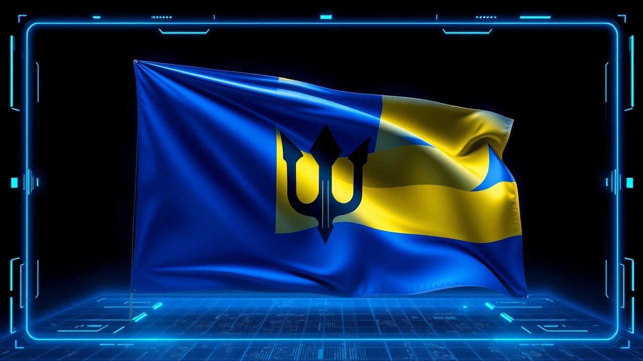 Flag of Barbados 🇧🇧 in sci-fi hologram style