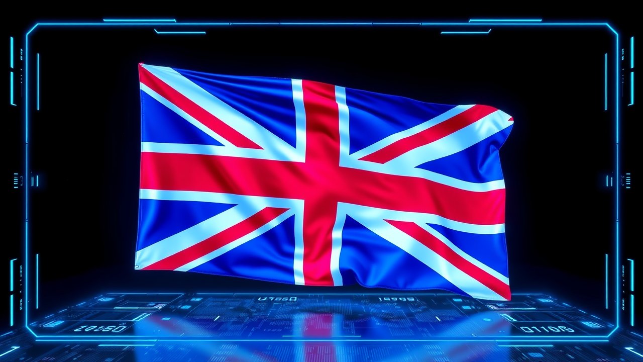 Flag of United Kingdom 🇬🇧 in sci-fi hologram style