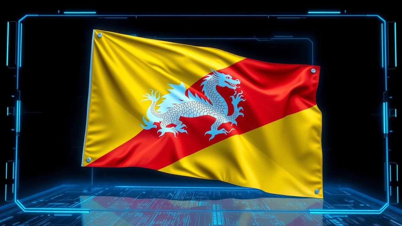 Flag of Bhutan 🇧🇹 in sci-fi hologram style