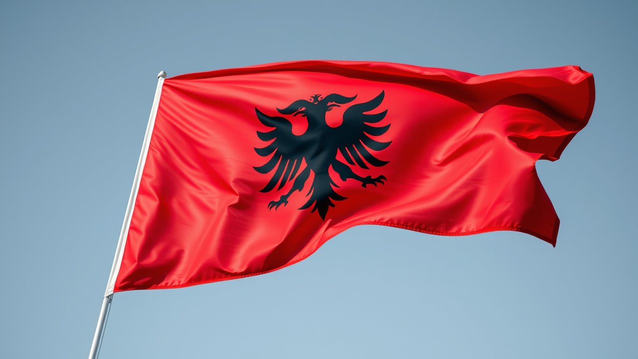 Flag of Albania 🇦🇱 in hyperrealistic wind style