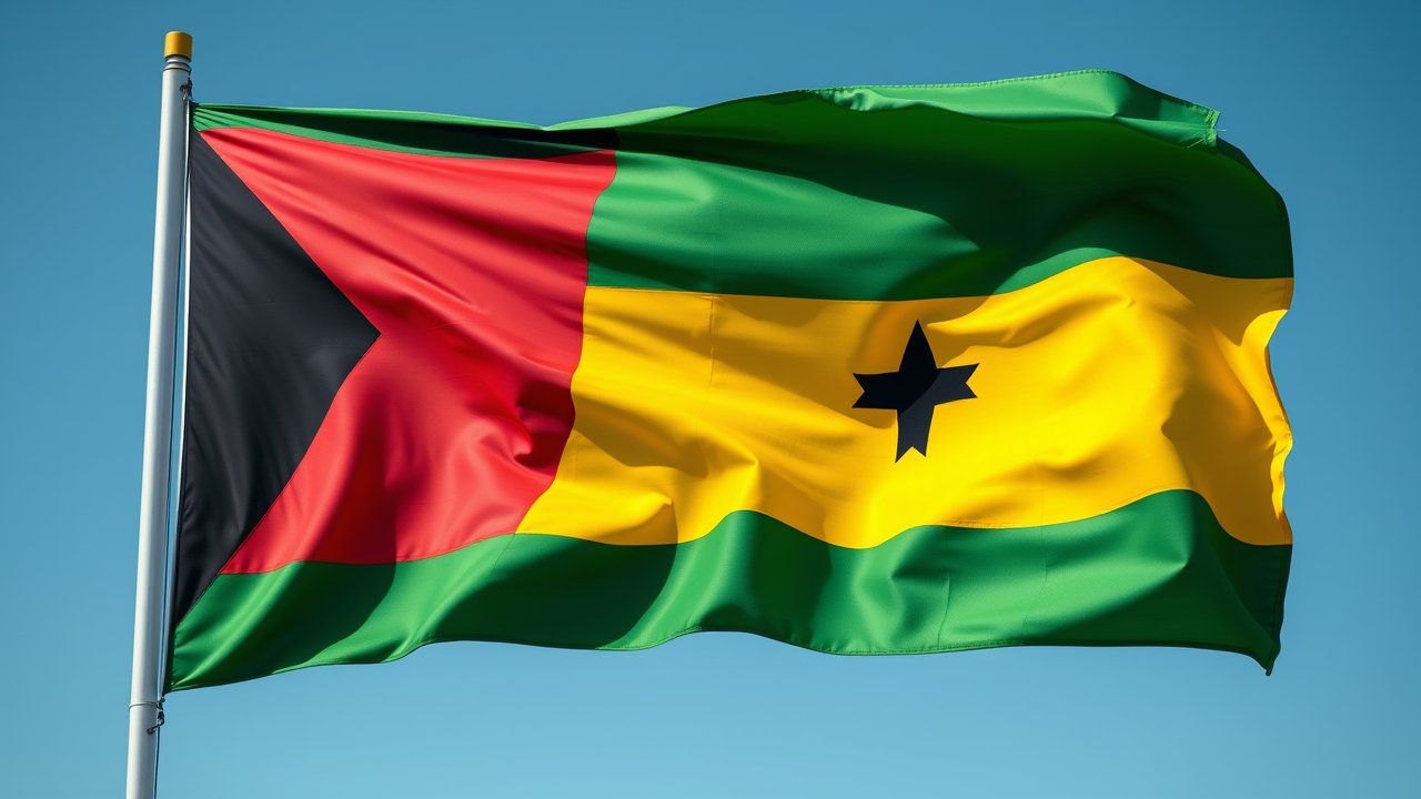 Flag of Sao Tome and Principe 🇸🇹 in hyperrealistic wind style