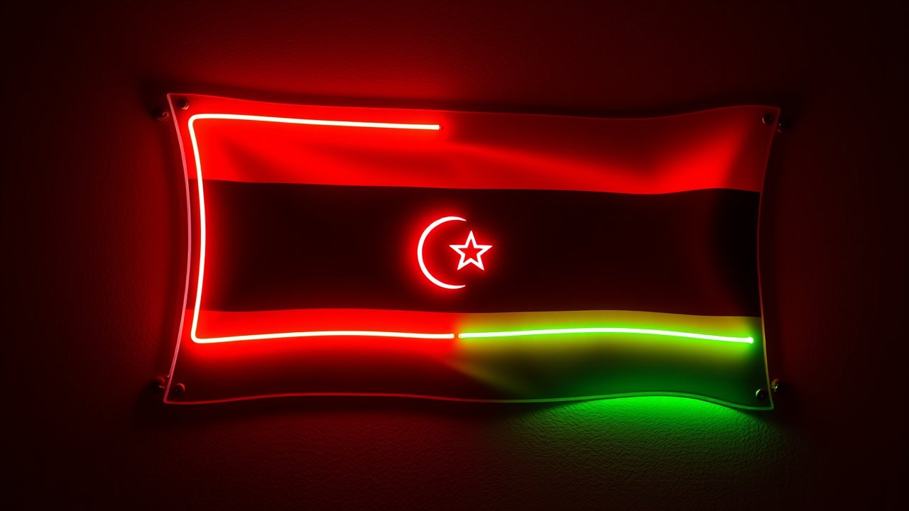 Flag of Libya 🇱🇾 in neon sign style