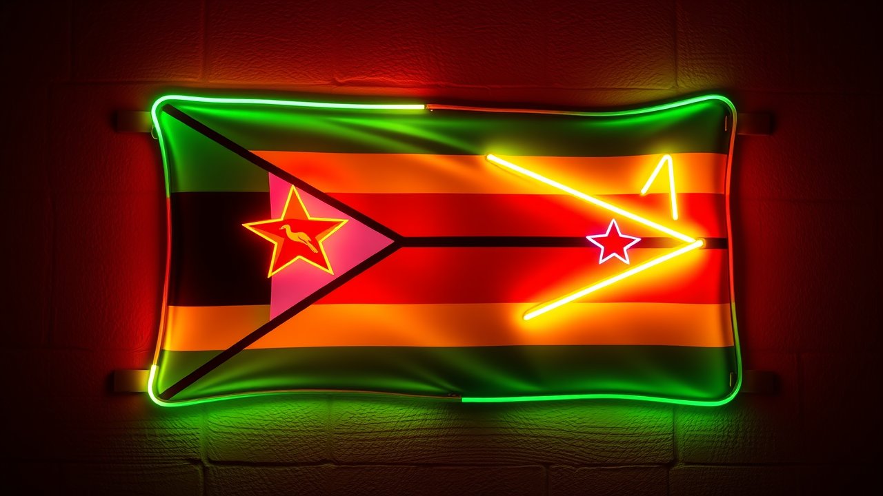 Flag of Zimbabwe 🇿🇼 in neon sign style